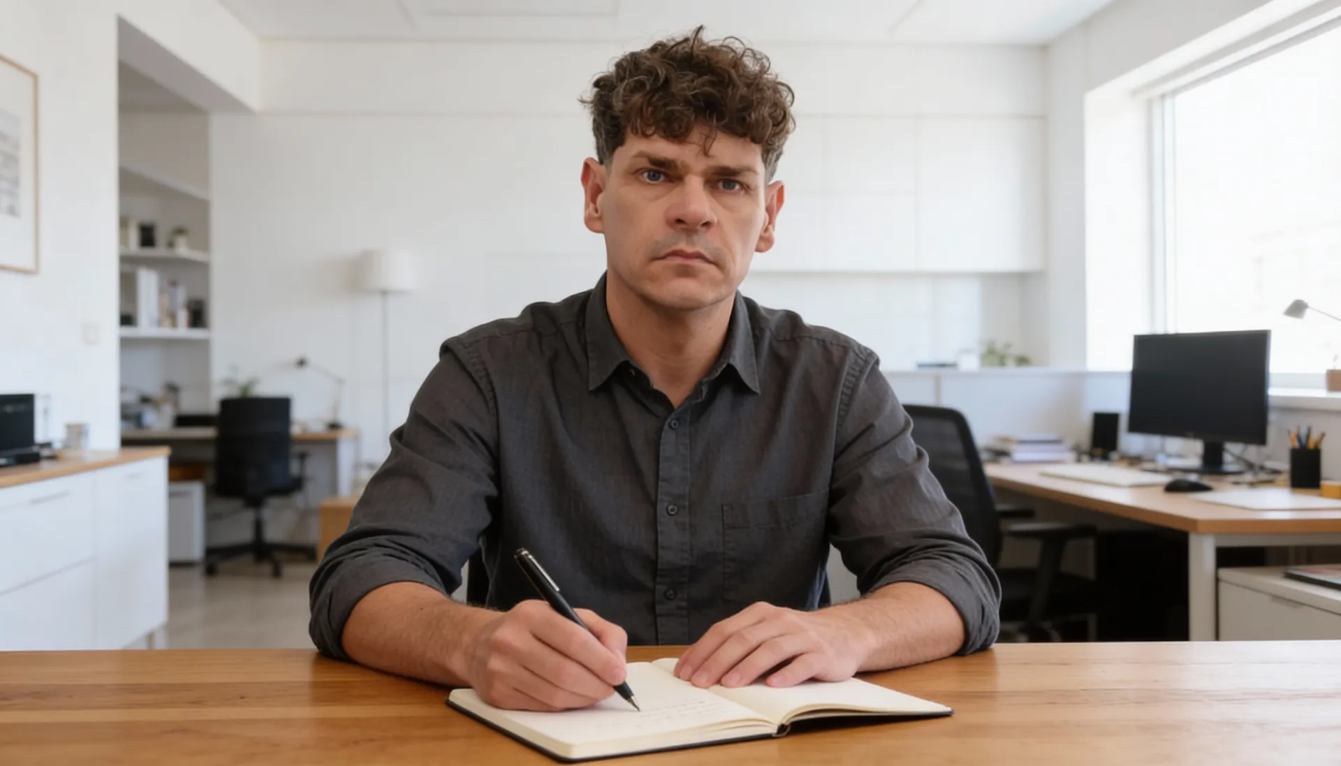 James Watkins working at a desk with a notebook